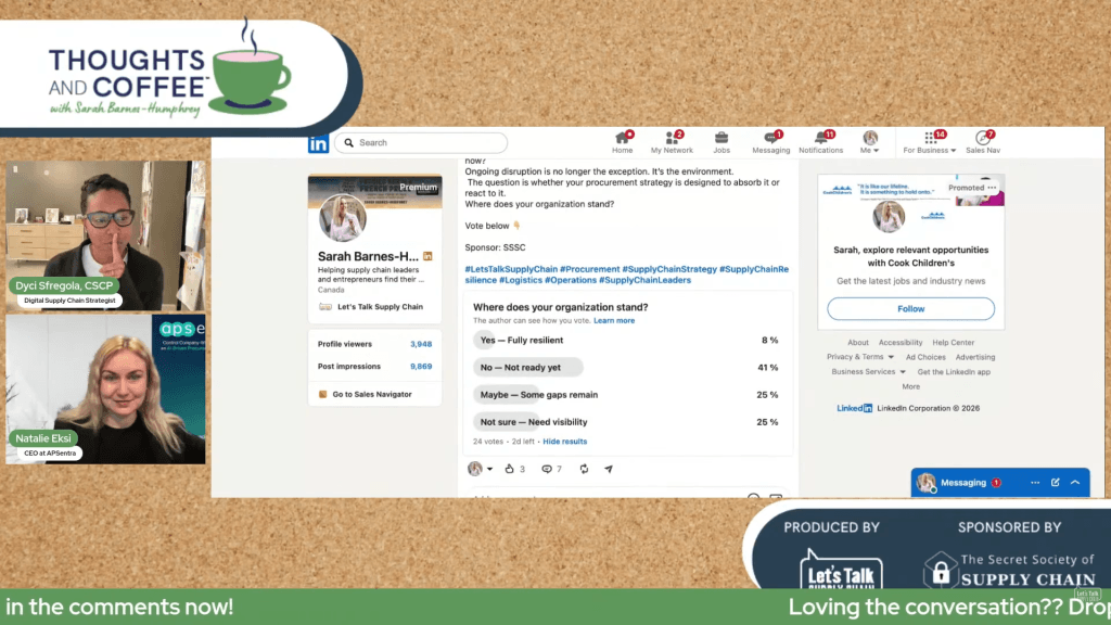 Natalie Eksi APSentra CEO and Sarah Barnes-Humphrey of Let's Talk Supply Chain during the Thoughts and Coffee episode