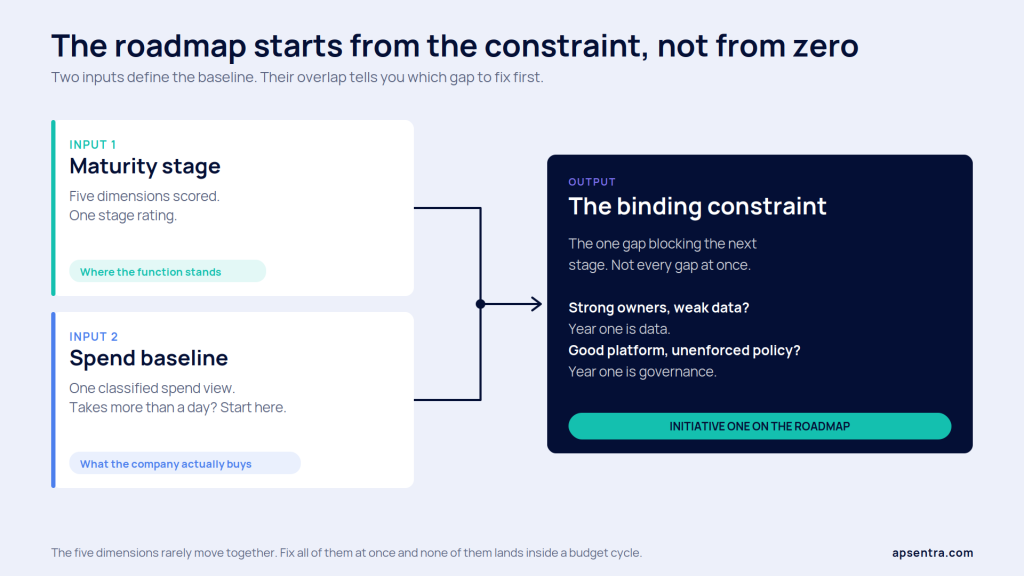 Two inputs to a procurement transformation roadmap baseline: maturity stage and classified spend view