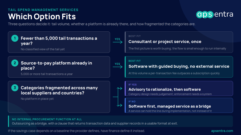 Decision framework for tail spend management services by transaction volume, platform and category complexity